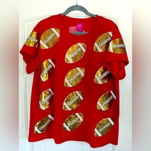 Queen of Sparkles Red & Gold Rhinestone Lace Football Tee, size large